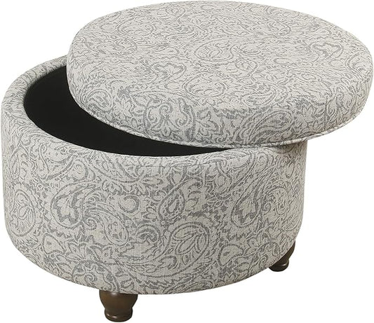 HomePop Home Decor | Upholstered Round Storage Ottoman | Ottoman with Storage for Living Room & Bedroom, Light Gray Floral Large
