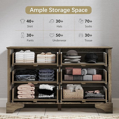Farmhouse 6 Drawers Dresser for Bedroom, 47'' Wide Rustic chests of Drawers with Natural Texture, Wood Dresser Vintage Design, Storage Dressers Organizer, Grey