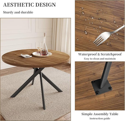 45.3 Inch Round Dining Table Set for 4, Mid Century Modern Small Coffee Set for Dining Room Kitchen Apartment (Light Walnut + 4 U-Shaped Black Chairs)