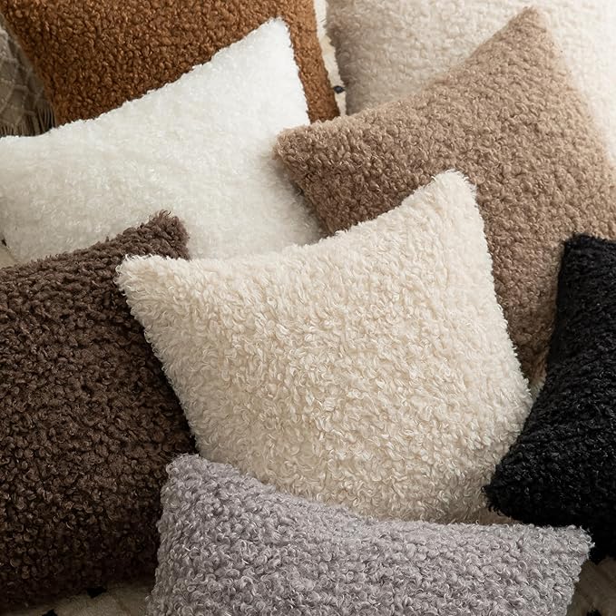 Pack of 2 Curly Teddy Wool Faux Fur Throw Pillow Covers Fuzzy Accent Soft Sherpa Pillowcases Sheepskin Fleece Decorative Cushion Case for Sofa Couch Living Room 16x16 Inch Bronze