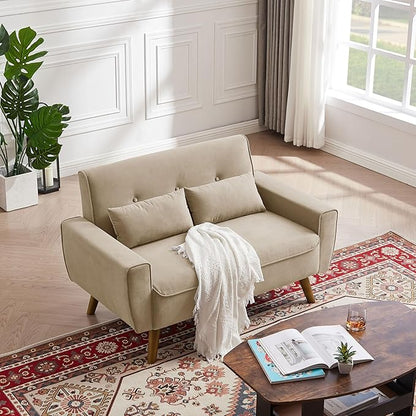 48" Small Loveseat Sofa, Mid Century Modern Love Seat with Back Cushions and Plastic Legs, 2 Seater Couches for Living Room, Bedroom, Small Spaces, Beige