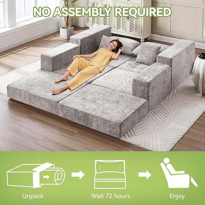 79" Boneless Loveseat Sofa Couch, Modular Foldable Floor Cloud Sofa with Ottoman, Lounge Convertible Sofa Bed for Living Room, No Assembly, Chenille Light Grey