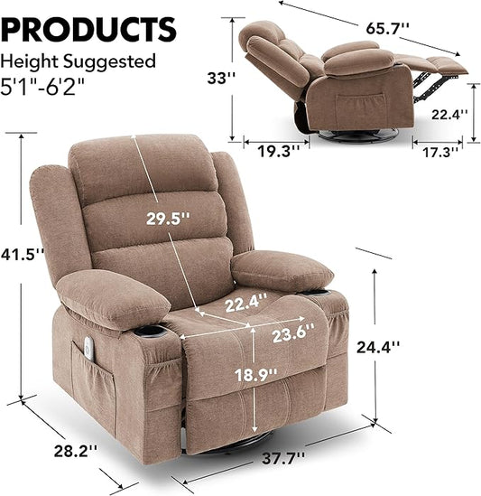 Oversized Recliner Chairs for Adults, 360° Swivel Rocking Recliner with Heat and Massage Lazy Boy Recliner,Recliner Chairs Single Sofa Seat with Cup Holders (Browm, Regular)