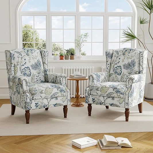 Accent Chair, Upholstered High Back Floral Armchair with Nailhead Trim & Wood Legs, Comfy Wingback Reading Single Sofa Chair for Small Spaces, Living Room, Bedroom ( Plants Blue Floral, Set of 2)