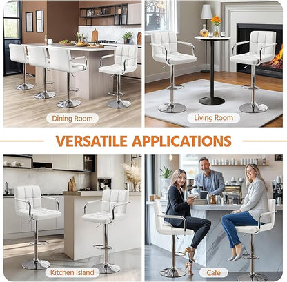 Yaheetech Bart Stools Set of 4, PU Leather Adjustable Barstools with Armrest, Counter Height Stool Chairs with Thickened Seat Cushion for Kitchen Island, White