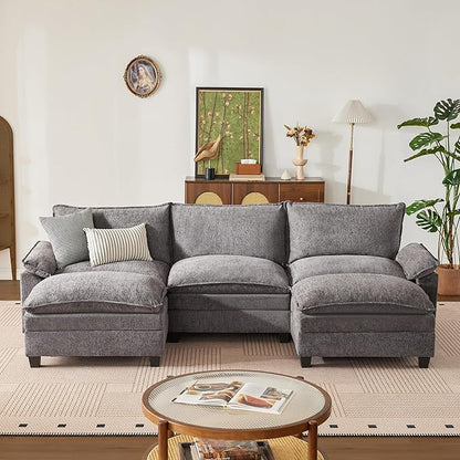 114 Inch Cloud Couch Sectionals with Ottoman, Big Comfy Modular Couches, Cloud Sofas, L Shaped 5 Seat Modular Sectional Sofa, Modern Sectional Couches for Living Room, Deep Seat Sofa, Grey