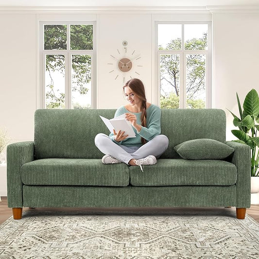 70in Corduroy Couch, Kidirect Sofa No Tool Assembly, Comfy Couches for Living Room 21in Deeper Seats, Corduroy Sofas for Living Room with 2 Pillows, Oversized Loveseat Sofa, Boho Love Seat Green Couch
