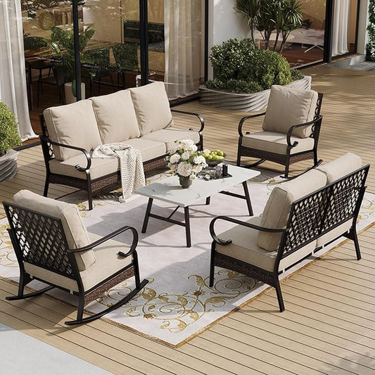 5 Piece Metal Outdoor Patio Furniture Set, Patio Conversation Sets, Outdoor Seating Furniture 3-Seater Sofa, 2 Leg Chair and 2 Swivel Chair with 5.75" Cushion for Backyard Deck, Beige