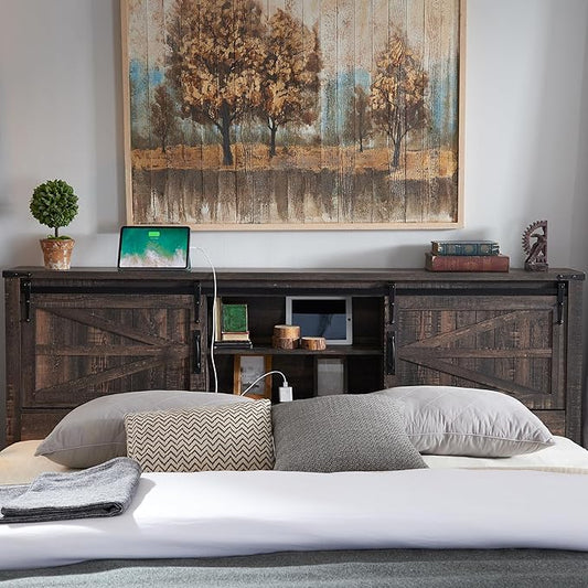 T4TREAM Farmhouse Queen Size Bed Frame w/Storage Bookcase Headboard, Sliding Barn Door, Charging Station, Rustic Wood Platform Bed w/Wood Slats Support, No Box Spring Needed, Dark Rustic Oak