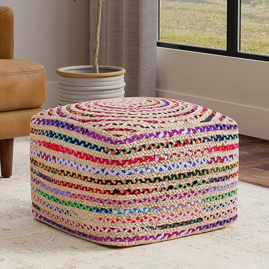 SIMPLIHOME Margo Square Pouf - 20 inch Wide Handwoven Jute and Cotton Chindi Braided Ottoman in Multi-Color, Boho-Style Footstool or Extra Seating for Living Room with Polystyrene Beads, Assembled