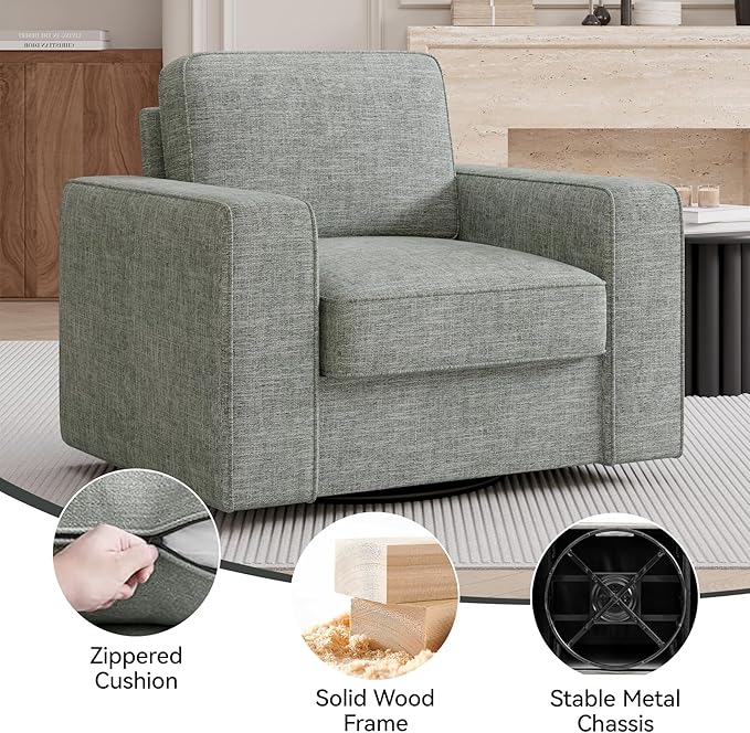 Swivel Accent Sofa Chair Set of 4, Modern Comfy Oversized Upholstered Cushion Back Armchair in Linen 1pcs for Living Room, Bedroom, Reading Room(Gray)