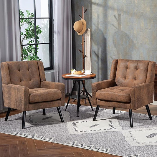 Mid-Century Modern Accent Chair Set of 2, Plush Suede Fabric with Button Tufted High Back & 5" Thick Cushion, High Comfort Reading Chair for Living Room, Bedroom, Office (Brown)