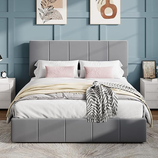 SHA CERLIN Full Size Bed Frame, Velvet Upholstered Platform Bed, Vertical Channel Tufted Adjustable Headboard, Low Profile Bed Frame, No Box Spring Needed, Easy Assembly, Grey