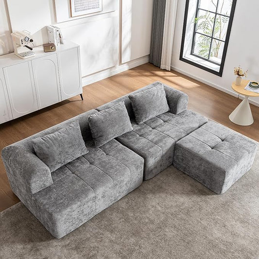 95" Modern Cloud Sectional Sofa Couch, Modular L-Shaped Sofas with Deep Seat and Chaise Ottoman, Chenille Boneless Tufted Couches for Living Room, No Assembly Required, Grey