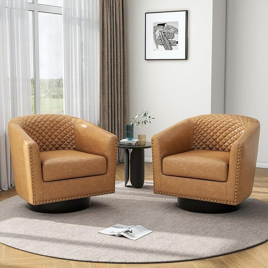 Pia Ricco Faux Leather Swivel Barrel Accent Chairs Set of 2, 360° Swivel Round Single Sofa Chair, Comfy Upholstered Club Armchair with Nailhead Trim for Living Room/Reading Room/Bedroom, Coffee