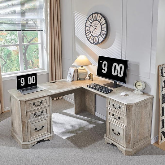 T4TREAM L Shaped Desk with Drawers,59" Farmhouse Wood Home Office Executive Desk,Charging Station,File Drawer, Storage Cabinet,Computer Desk for Work and Study (Light Rustic Oak)