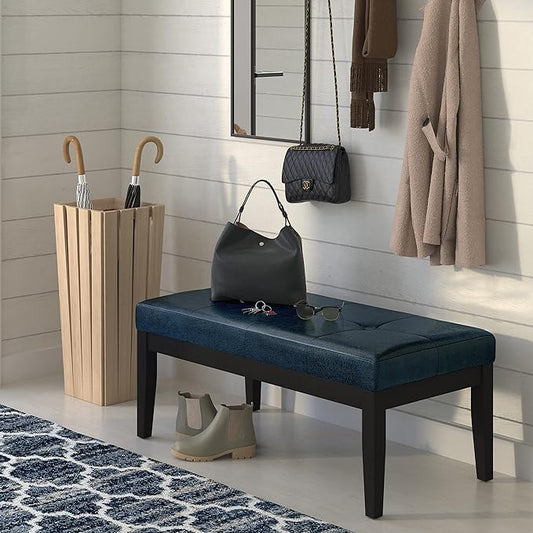 SIMPLIHOME Lacey 41 inch Wide Contemporary Rectangle Tufted Ottoman Bench in Distressed Dark Blue Vegan Faux Leather, Assembled, For the Living Room and Bedroom