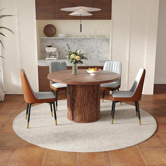 5 Piece Dining Table Set with Two Storage, 47" Round Dining Table Set for 4 with PU Leather Chairs, Round Kitchen Table and Chairs for 4 with 1.7” Thick Wood Top, Roman Column Pedestal, Space-Saving