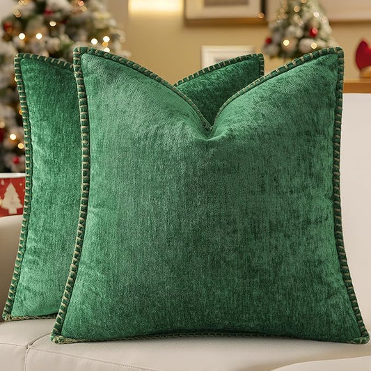 decorUhome Christmas Chenille Soft Throw Pillow Covers 16x16 Set of 2, Farmhouse Velvet Neutral Decorative Euro Pillow Covers with Stitched Edge for Couch Sofa Bed Home Decor, Green
