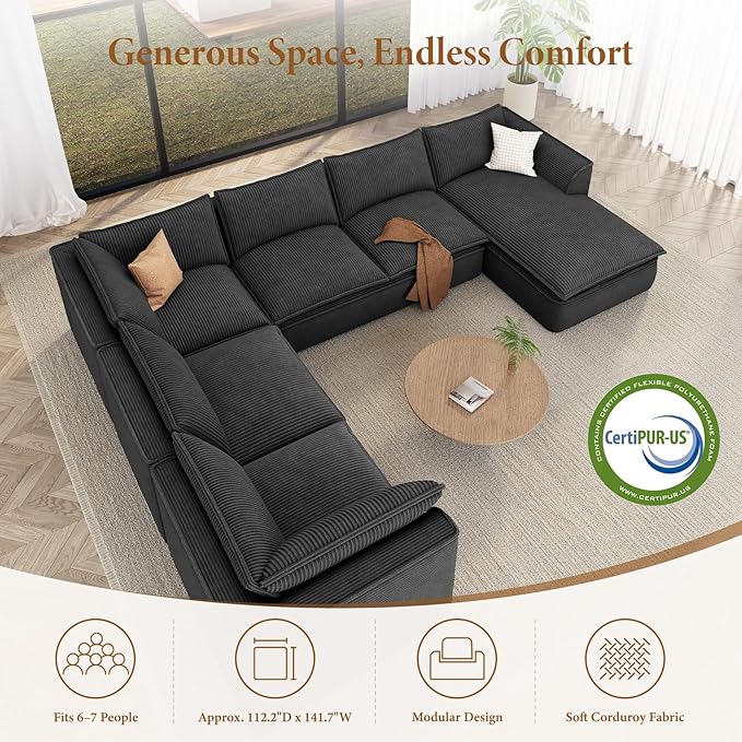 Vesgantti 141.7" Oversized Boneless Sectional Couch, Modern 7 Seater Modular Sofa with Chaise, Deep Seat Convertible Corduroy Cloud Couches for Living Room, No Assembly Required, Black