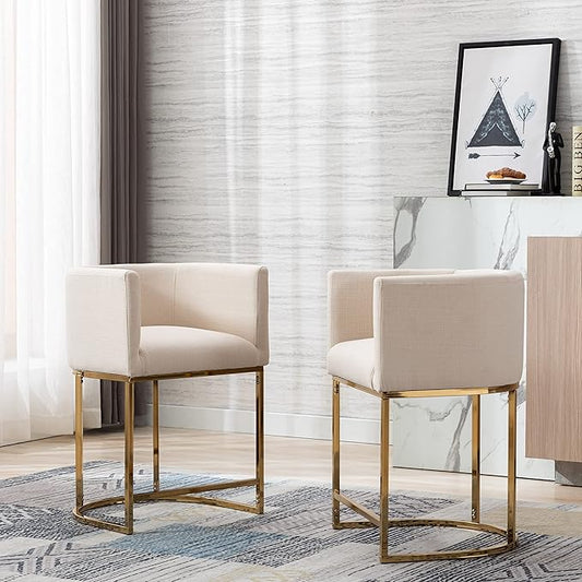 Linen Bar Stools Set of 2, 24" Contemporary Upholstered Fabric Counter Height Bar Stools Kitchen Counter Island Stools Barstools with Golden Metal Base, Cream