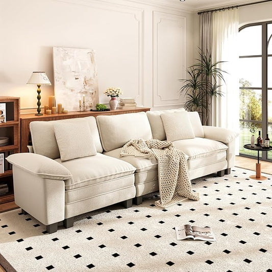 PHI VILLA Modern Modular Couches Sets, 123.6" Cloud Sectional Sofa with Upholstered Deep Seat, 3-Seater Couch for Living Room Small Spaces, Chenille Fabric, Beige
