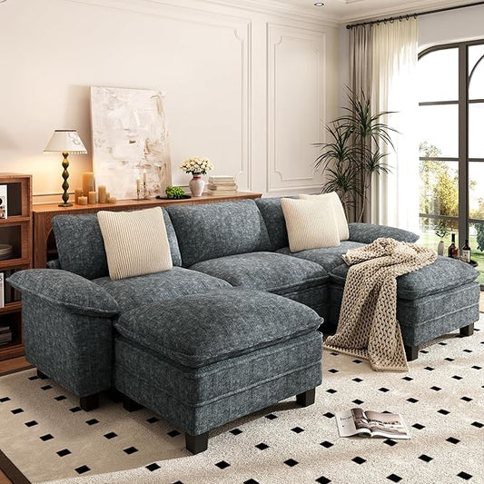 PHI VILLA Cloud Modular Couch Sets, 123.6" Sectional Sofa with U-Shaped Chaise, 5-Seater Couches with 2 Movable Ottomans for Living Room, Chenille Fabric, Dark Cyan