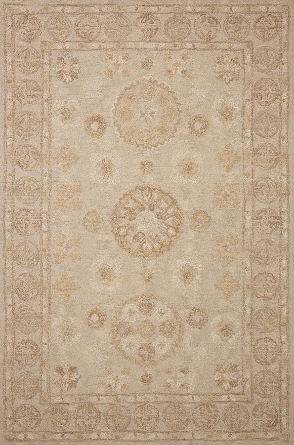 Loloi Chris Loves Julia Dorothea Collection DRT-03 Dove/Natural 9'-3" x 13' Area Rug Wool Neutral Floral Living Room Bedroom Carpet