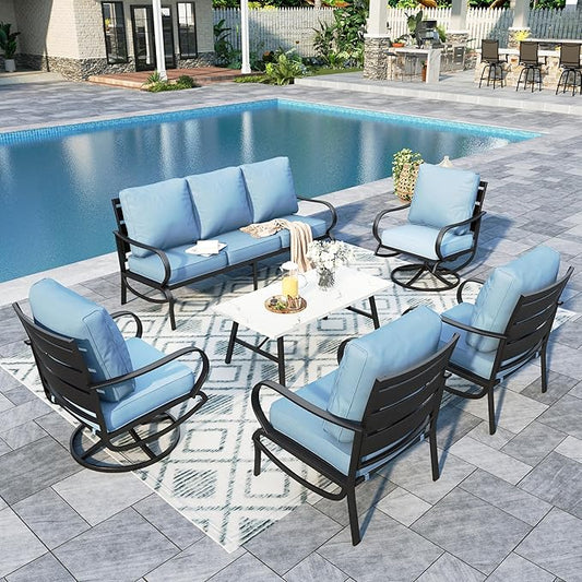 Sophia & William Patio Furniture Sets for 7 Outdoor Conversation Set 6 Pcs with 4 x Armrest Cushioned Sofa Chairs, 1 x 3-Seat Sofa, 1 Marbling Metal Coffee Table Garden Backyard Poolside Blue