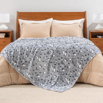 Berkshire Blanket Peanuts® VelvetLoft® Cute Character Snoopy Plush Blanket,Peanuts Poses and Paws Grey,Twin 60 in x 90 in (Official Peanuts® Product)