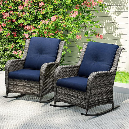 Outdoor Rocking Chair of 2, Wicker Patio Rocker Chair for Yard, Porch, Mixed Brown Grey Rattan, Blue Cushions