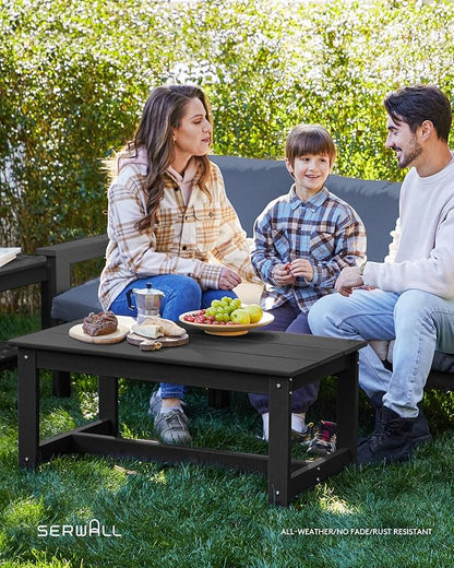 SERWALL HDPE Patio Furniture Set, 7-Piece Outdoor Sectional Sofa Set, All Weather Outdoor Couch Set for Deck, Lawn, Black Frame with Grey Cushion