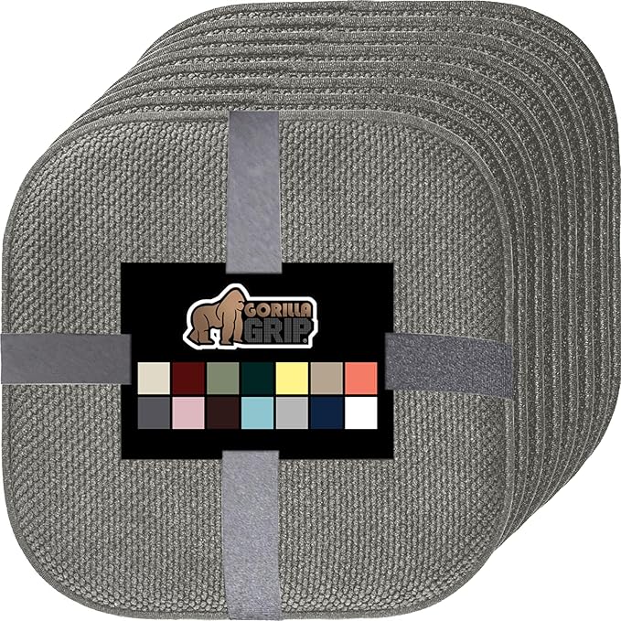 GORILLA GRIP Chair Cushions, Set of 8, 16x16, Memory Foam Pads for Dining Room, Kitchen Table, Office Desk, Rocking Chairs, Stay in Place Backing, Comfortable Microfiber Seat Cover Pad Cushion, Gray