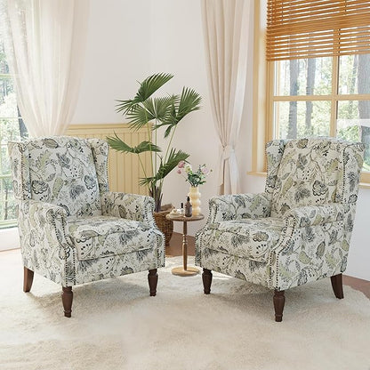 Lumibee Wingback Accent Chair,High Back Floral Armchairs in Fabric,Comfy Upholstered Reading Single Sofa Chair with Solid Wood Legs for Living Room,Bedroom,Office-Plants Beige