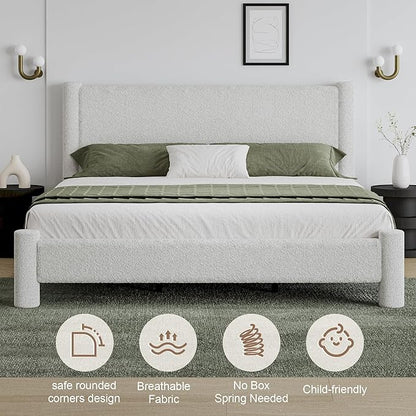 King Size Bed Frame, Boucle Upholstered Platform Bed with Headboard and Footboard, Soft Rounded Corners, No Box Spring Required, Easy Assembly, White