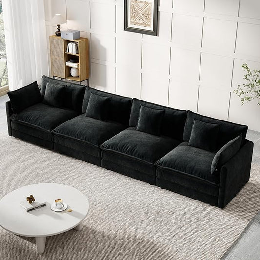 Modular Sectional Sofa, 146.5 Inch I-Shaped Cloud Sofa with Deep Seat Chenille Sofa with Cushions, Four Seater Sectional Sofa for Living Room Apartment,Black