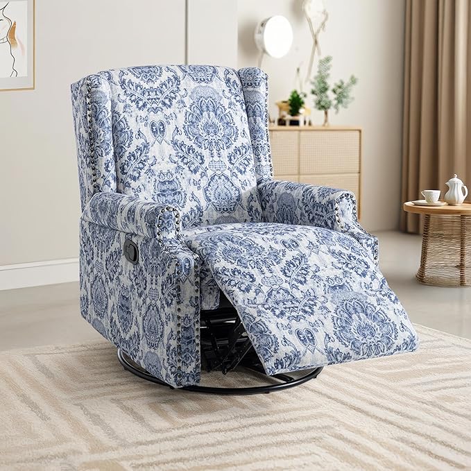 UIXE Swivel Rocker Manual Recliner Chairs Set of 2, Wingback Swivel Glider Fabric Nursery Reclining Sofa Chair, High Back Upholstered Arm Chair for Living Room Bedroom - Navy Floral