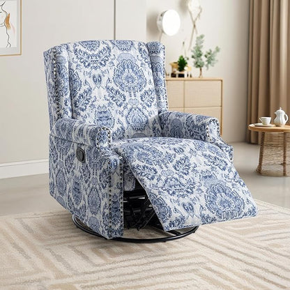 UIXE Swivel Rocker Manual Recliner Chair, Wingback Swivel Glider Fabric Nursery Reclining Sofa Chair, High Back Upholstered Arm Chair for Living Room Bedroom - Navy Floral