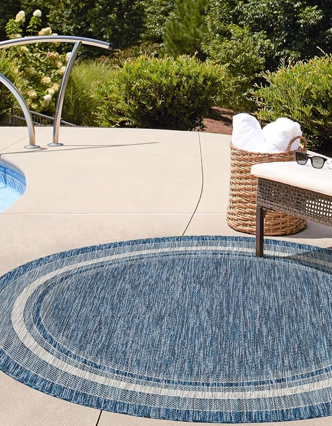 Unique Loom Outdoor Border Collection Area Rug - Soft Border (13' Round, Blue/ Ivory)