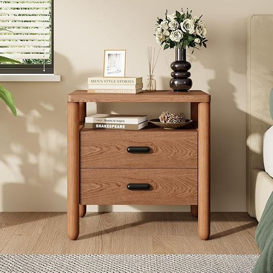 Christopher Knight Home Delwyn Modern Nightstand, Wooden Small Night Stand with Drawers and Open Storage Shelf, Bedside Table/End Table with Rounded Legs, Multipurpose Storage Cabinet, Brown