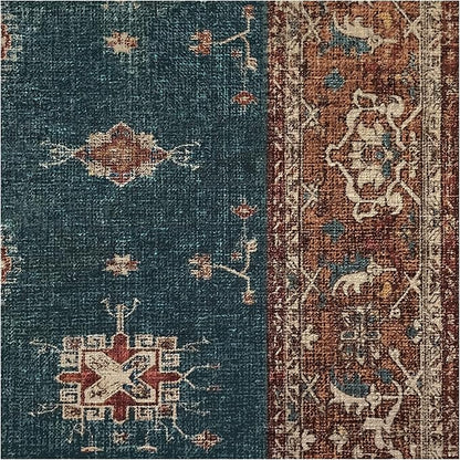 RUGGABLE Washable Vintage Area Rug – Verena Teal Blue 2x3, Stain-Resistant, Non-Slip – Small Machine Washable Rugs for Living Room, Bedroom, Hallway, Entryway & Bathroom–with Standard Pad