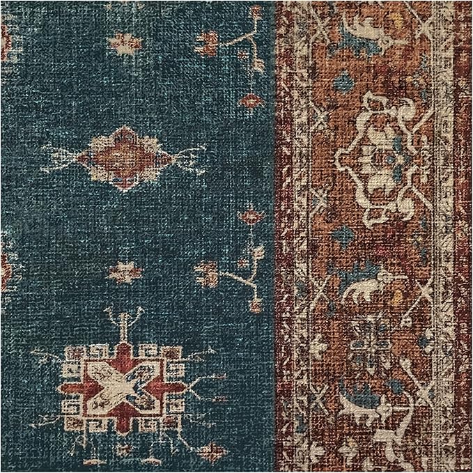 RUGGABLE Washable Vintage Runner Rug – Verena Teal Blue 2.5x10, Stain-Resistant, Non-Slip Hallway Runner – Machine Washable Rug for Hallway, Entryway, Living Room & Kitchen–with Cushioned Pad