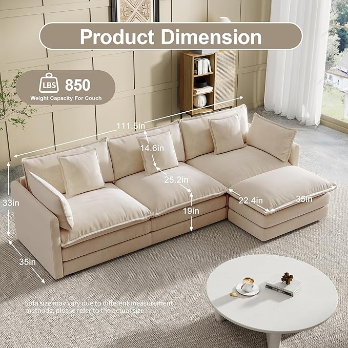 Modular Sectional Sofa, 111.5 Inch L-Shaped Cloud Sofa with Deep Seat Chenille Sofa with Cushions, Three-Self Sectional Sofa for Living Room Apartment,Light Coffee