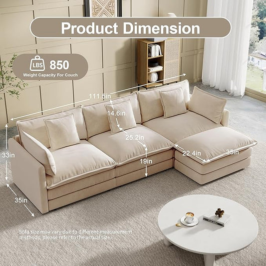 Modular Sectional Sofa, 111.5 Inch L-Shaped Cloud Sofa with Deep Seat Chenille Sofa with Cushions, Three-Self Sectional Sofa for Living Room Apartment,Light Coffee