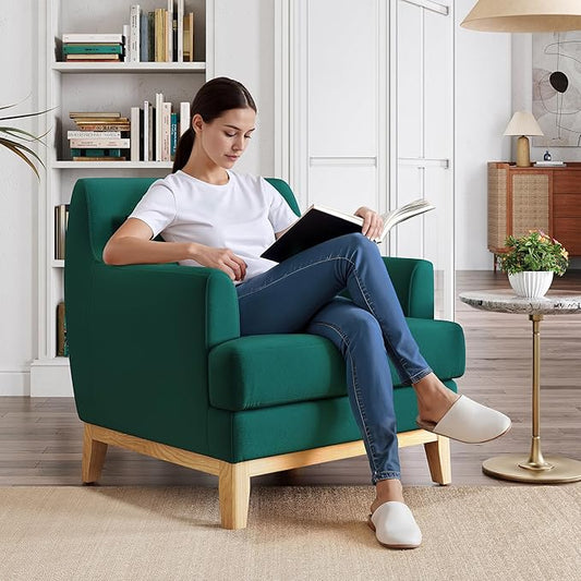 LINSY Accent Chair, Large Reading Chair with Rubberwood Base, Mid Century Modern Armchair with Lumbar Pillow, Cozy Single Sofa Chair for Living Room Bedroom Office Study, Velvet Arm Chair, Green