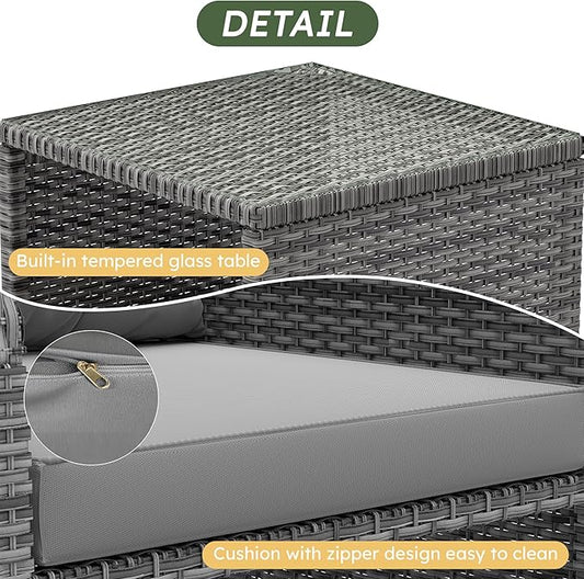 5 Pieces Patio Furniture Set, Hand-Woven Rattan Patio Conversation Set with Soft Cushions & Coffee Table, Outdoor Chairs with Hidden Ottoman for Porch, Lawn, Garden, Balcony, Grey