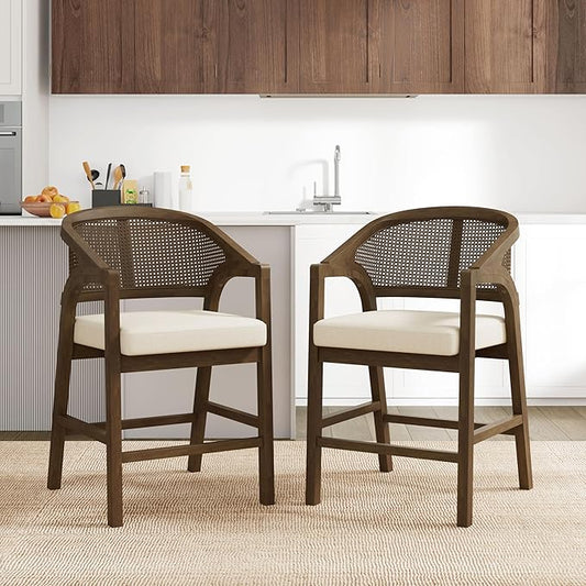 Christopher Knight Home Set of 2 Morley Tropical Wooden Counter Stool,Dining Room/Kitchen Island Barstool with footrest, Curved Backrest,Wicker/Cane Accents,Soft Removable Cushions, Beige+Walnut