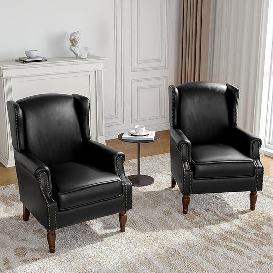Faux Leather Wingback Accent Chairs Set of 2, High Back Upholstered Armchair, Comfy Fabric Wingback Arms Chairs with Solid Wood Legs, Single Sofa Reading Chair for Bedroom Living Room, Black