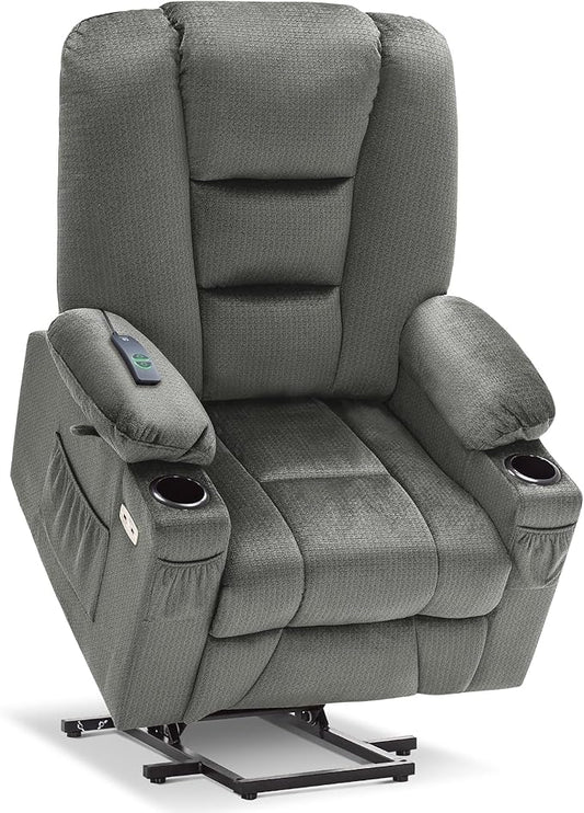 MCombo Large Power Lift Recliner Chair Sofa with Massage and Heat for Big and Tall Elderly People, 3 Positions, Cup Holders, and USB Ports, Fabric 7549 (Large, Grey)