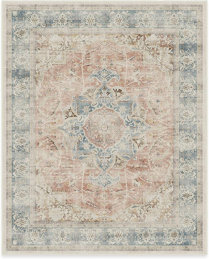 RUGGABLE Washable Vintage Area Rug – Sarrah Coral 8x10, Stain-Resistant, Non-Slip – Large Machine Washable Rugs for Living Room, Bedroom, Hallway, Entryway & Office–with Standard Pad
